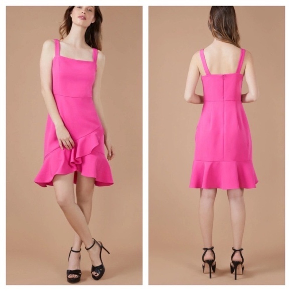 BCBGeneration New Size 16 Fuchsia Pink‎ Square Neck Tulip Ruffle Hem Mini Dress